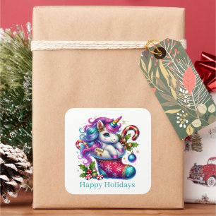Festive Christmas peppermint unicorn customizable Square Sticker