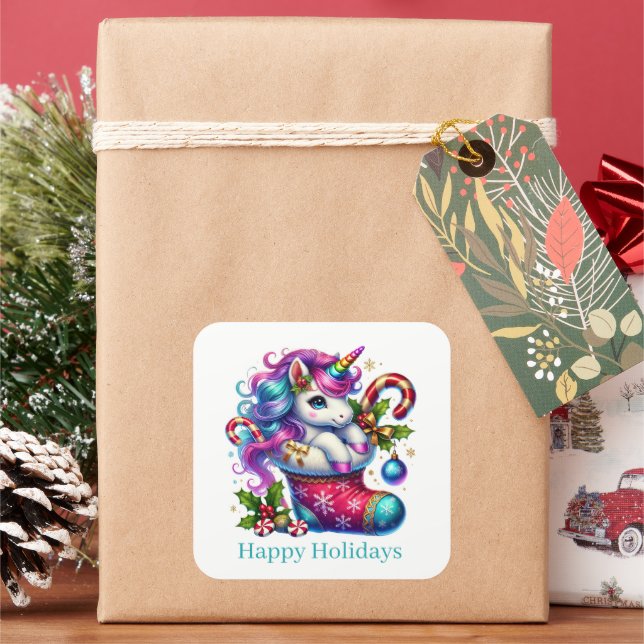 Festive Christmas peppermint unicorn customizable  Square Sticker (Holiday)