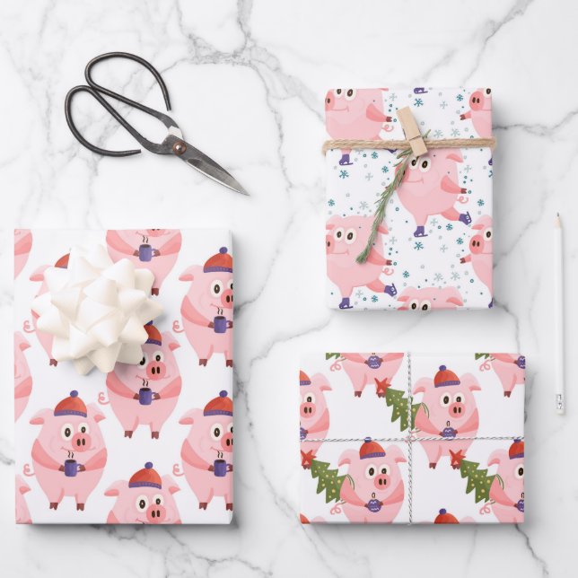 Festive Christmas Pigs Wrapping Paper Sheets (Front)