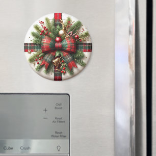 Festive Christmas Pine and Red Tartan Bow   Magnet