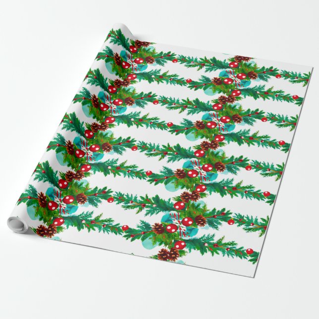 Festive Christmas Pine Garland Pattern Wrapping Paper (Unrolled)