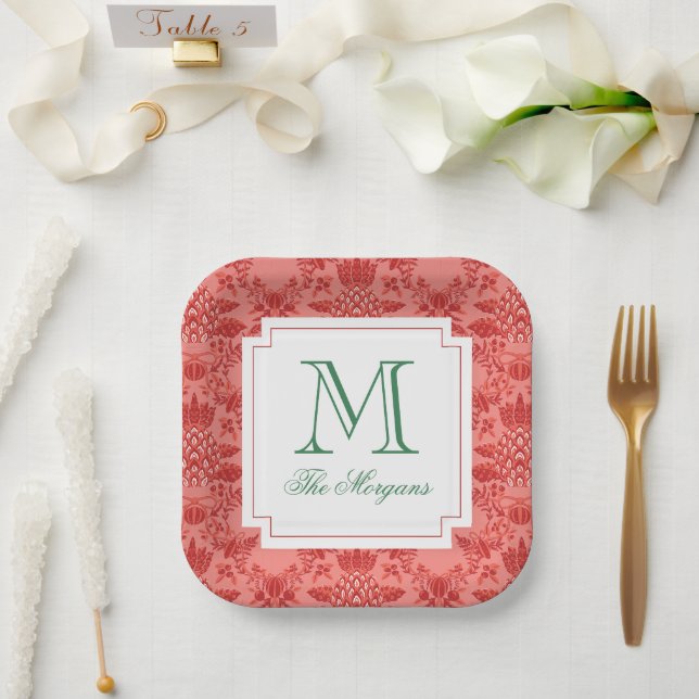 Festive Christmas Pineapple Ornaments Monogram Paper Plate (Wedding)