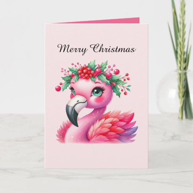 Festive Christmas pink flamingo customizable  Card (Front)