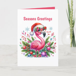 Festive Christmas pink flamingo customizable Holiday Card