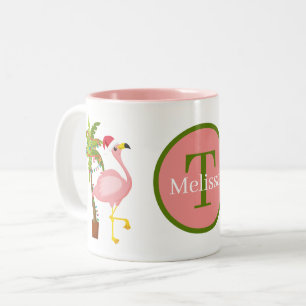 festive Christmas pink flamingo monogram Two-Tone Coffee Mug