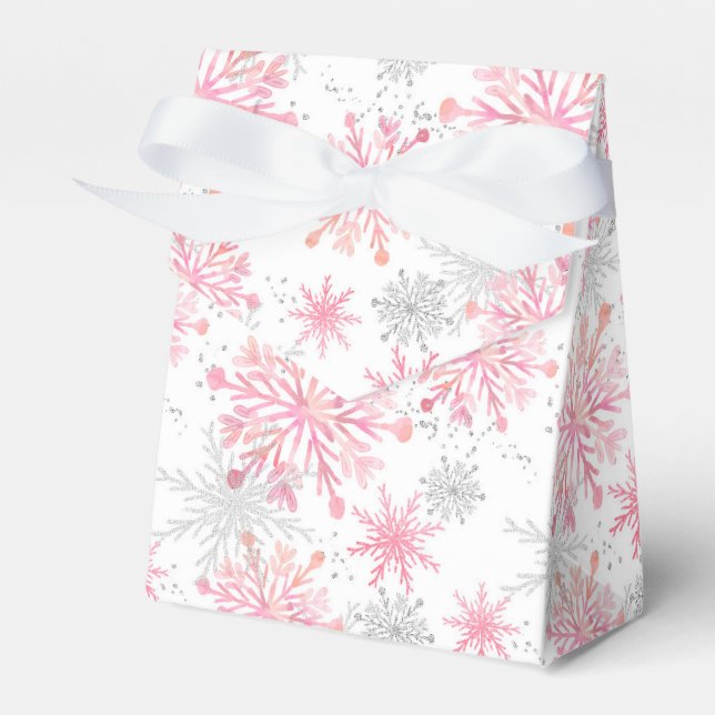 Festive Christmas pink snowflake grey party Favor Box (Front Side)