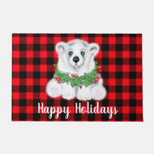 Festive Christmas polar bear cub, white bear cub   Doormat