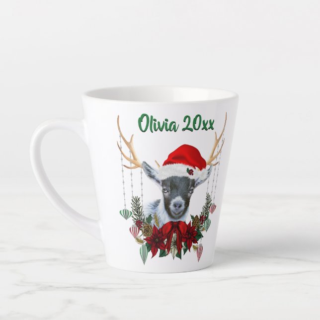 Festive Christmas Pygmy Goat Kid Latte Mug (Left)