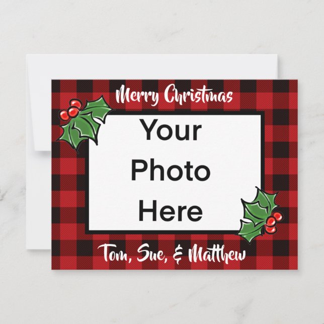 Festive Christmas red black plaid holly leaves Card (Front)
