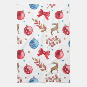 Festive Christmas Red Blue Ornaments Bows Elks  Kitchen Towel