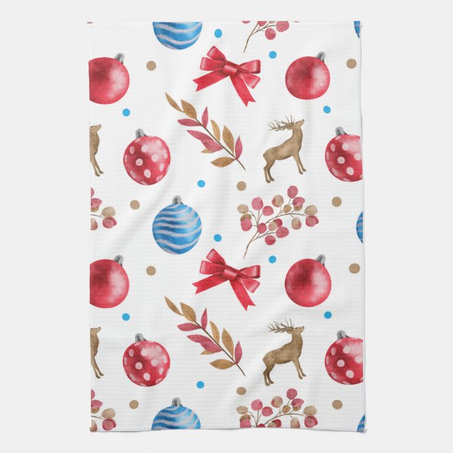 Festive Christmas Red Blue Ornaments Bows Elks  Kitchen Towel (Vertical)