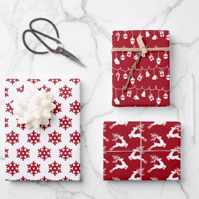 festive Christmas red white tiled pattern  Wrapping Paper Sheet (Front)