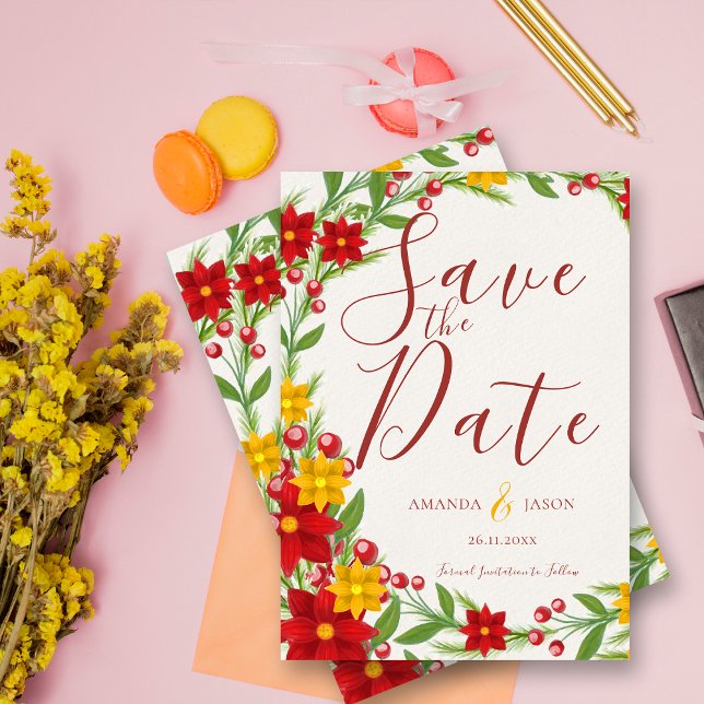 Festive Christmas Red Yellow Wreath Floral Wedding (Festive Christmas Red Yellow Wreath Floral Wedding save the date)