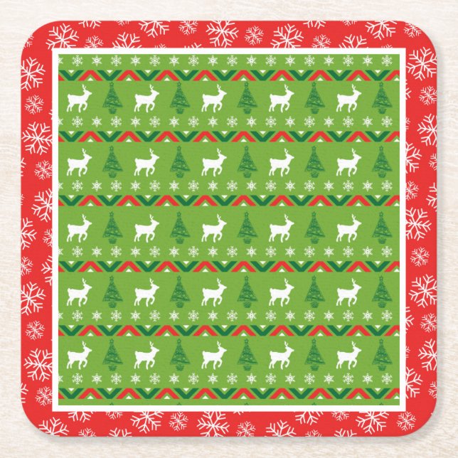 Festive Christmas Reindeer And Snowflakes Square Paper Coaster (Front)
