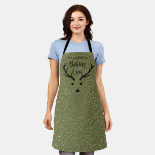 Festive Christmas Reindeer Snowfall Green Holiday Apron
