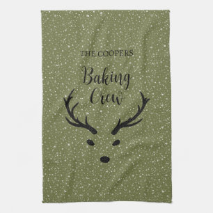 Festive Christmas Reindeer Snowfall Green Holiday Kitchen Towel