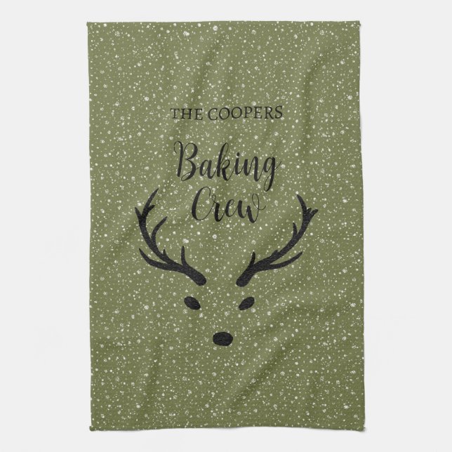 Festive Christmas Reindeer Snowfall Green Holiday Kitchen Towel (Vertical)