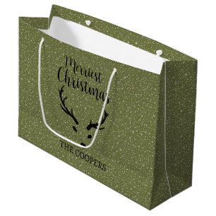 Festive Christmas Reindeer Snowfall Green Holiday Large Gift Bag