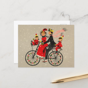 Festive Christmas retro vintage Family biking Holiday Postcard
