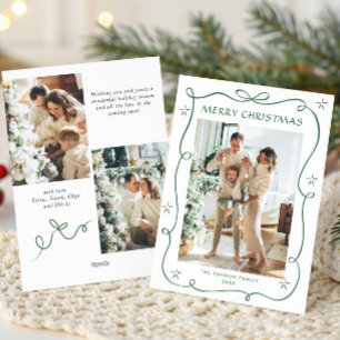 Festive Christmas Sage Green Bow Ribbon 3 Photo Holiday Card