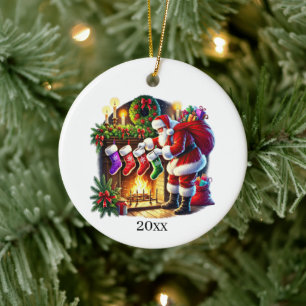 Festive Christmas Santa add year and message  Ceramic Ornament