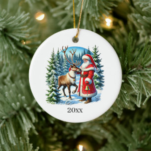 Festive Christmas Santa add year & Message Ceramic Ornament