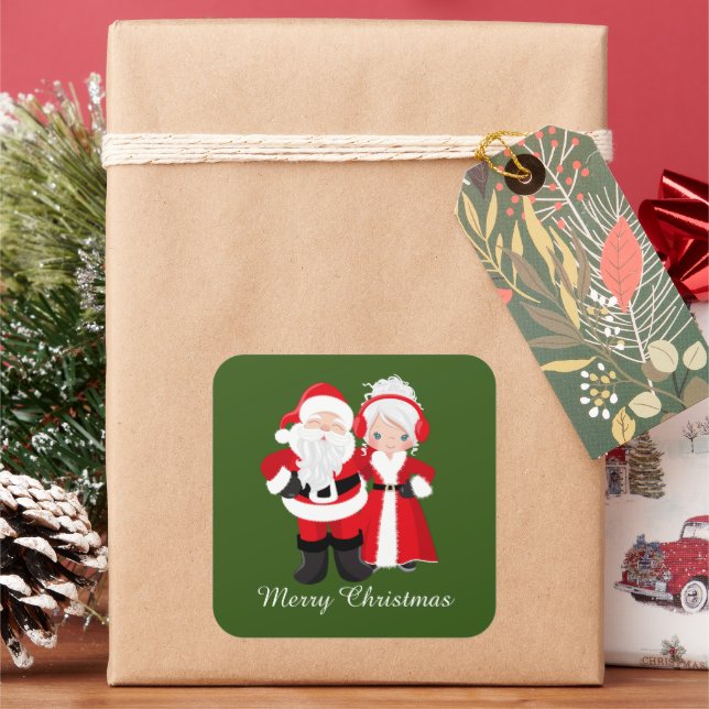 Festive Christmas Santa and Mrs. Claus Square Sticker (Holiday)