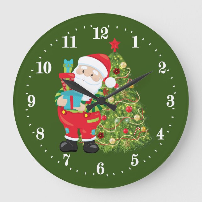 Festive Christmas Santa and trees Large Clock (Front)