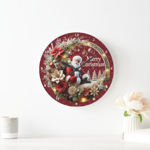 Festive Christmas Santa Claus and Elegant Floral Large Clock
