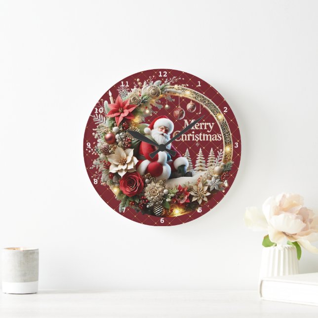 Festive Christmas Santa Claus and Elegant Floral Large Clock (Home)