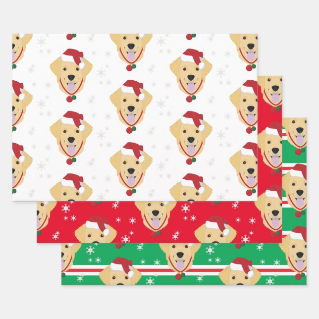 Festive Christmas Santa Golden Retriever Snowflake Wrapping Paper Sheet (Set)