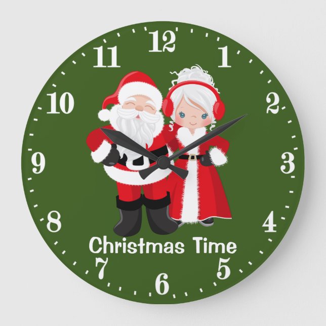 Festive Christmas Santa Mrs. Claus Large Clock (Front)