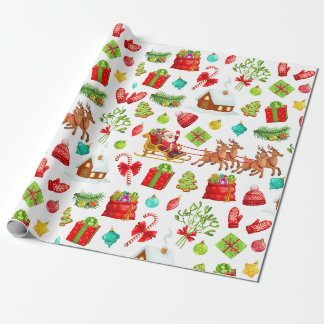 Festive Christmas Santa on the Sleigh and Gifts Wrapping Paper