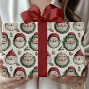 Festive Christmas Santa with Holly Wreaths Pattern Wrapping Paper