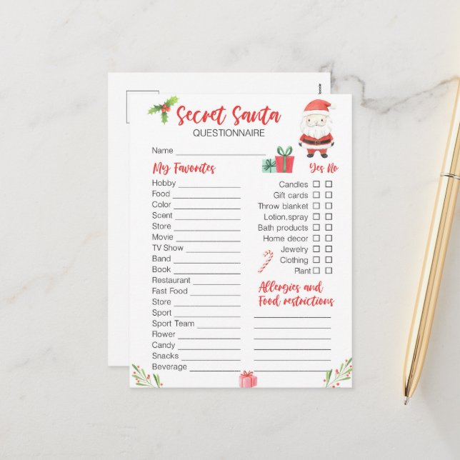 Festive Christmas Secret Santa game Holiday Postcard (Front/Back In Situ)