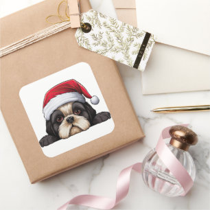 Festive Christmas Shih Tzu Window Cling Square Sticker