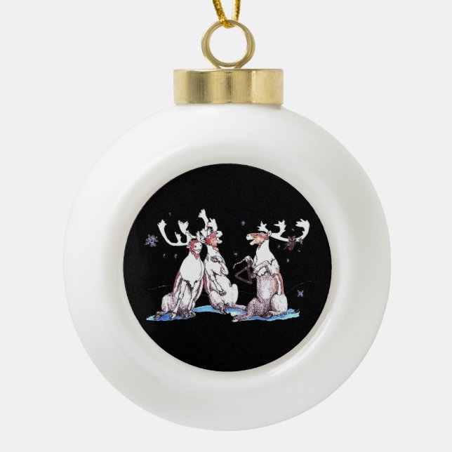 Festive Christmas Singing Caribou Wildlife Ceramic Ball Christmas Ornament (Front)