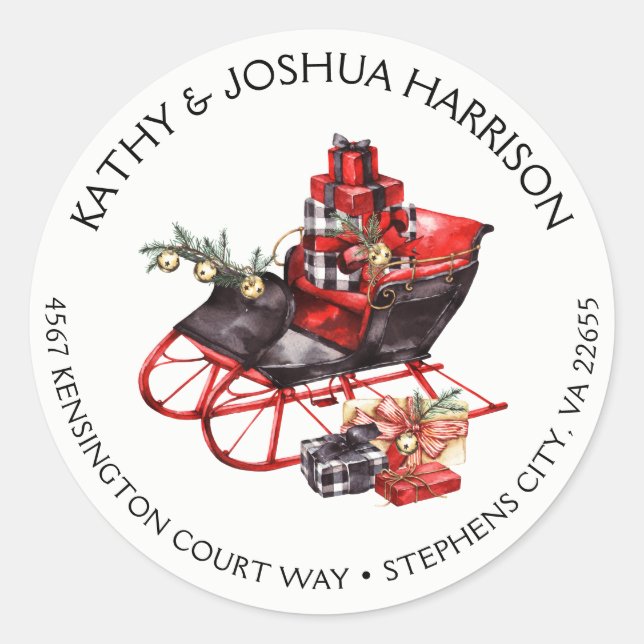 Festive Christmas Sleigh and Packages Address Classic Round Sticker (Front)