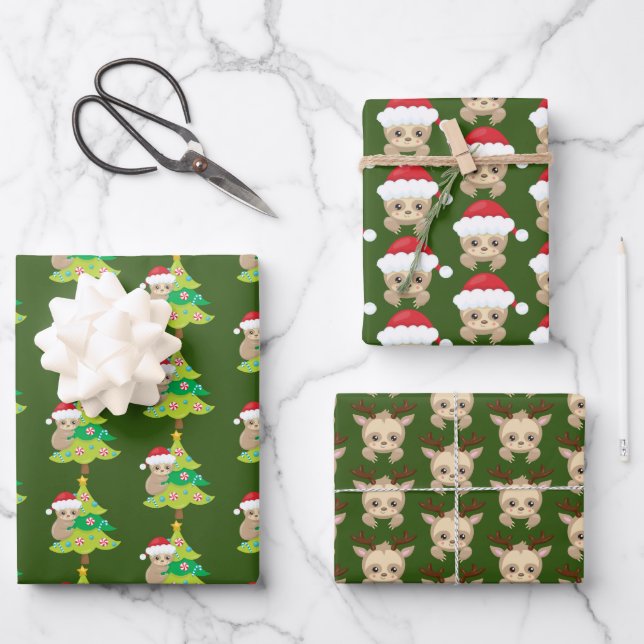 festive Christmas sloths tiled Wrapping Paper Sheet (Front)