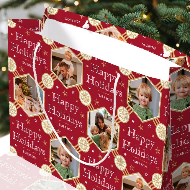 Festive Christmas Snowflake Photo Classic Deep Red Large Gift Bag (Creator Uploaded)