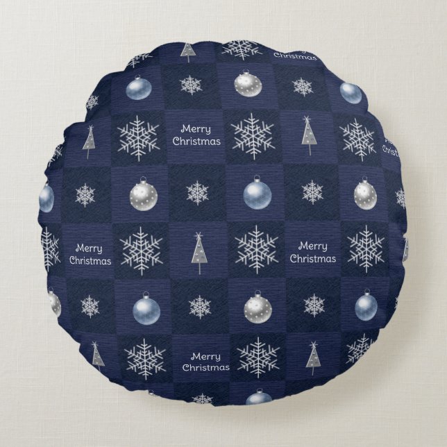 Festive Christmas Snowflakes, Ornaments and Trees Round Pillow (Front)