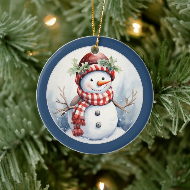 festive Christmas snowman add date message Ceramic Ornament (Tree)