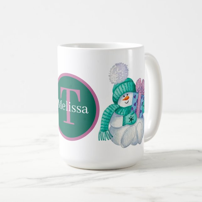 Festive Christmas snowman add monogram Coffee Mug (Front Right)