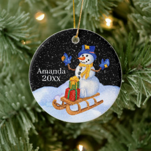 festive Christmas snowman add name text Ceramic Ornament