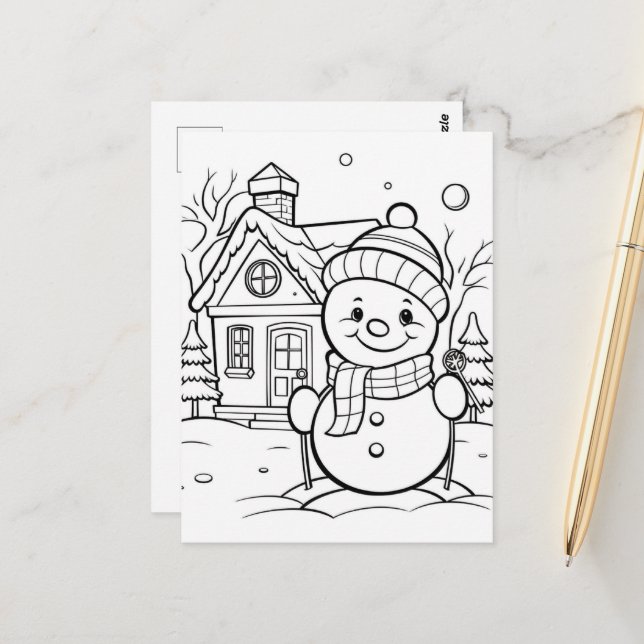 Festive Christmas snowman kids colouring  Postcard (Front/Back In Situ)