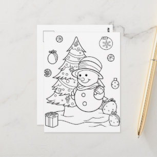 festive Christmas Snowman tree kid colouring Postcard
