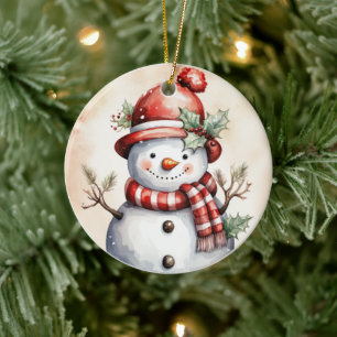festive Christmas snowman watercolor snowman Ceramic Ornament
