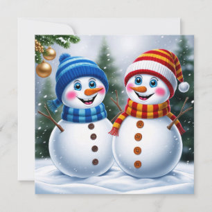 Festive Christmas Snowmen in the Winter Forest  Holiday Card