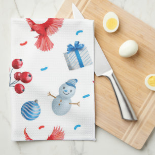 Festive Christmas Snowmen Red Cardinals Ornaments  Kitchen Towel
