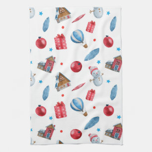 Festive Christmas Snowmen Red Ornaments Houses  Kitchen Towel